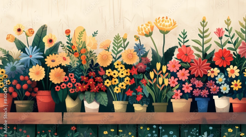 An illustration of a colorful garden with a variety of flowers in pots. An illustration of a colorful garden with a variety of flowers in pots.