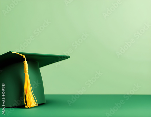 Graduation hat on a solid green background, with clear blank space for your celebratory message