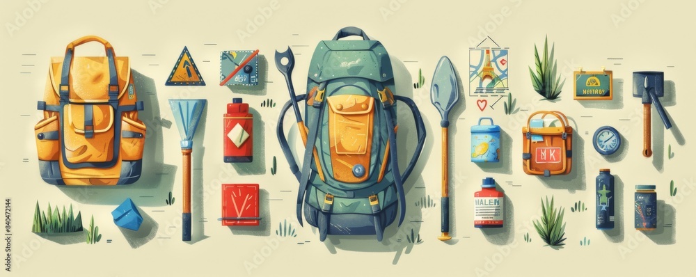 The image shows a variety of camping and hiking gear, including backpacks, tents, sleeping bags, and cooking equipment.