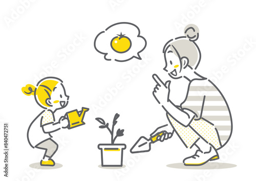家庭菜園を始める若いお母さんと小さな女の子　シンプルでお洒落な線画イラスト