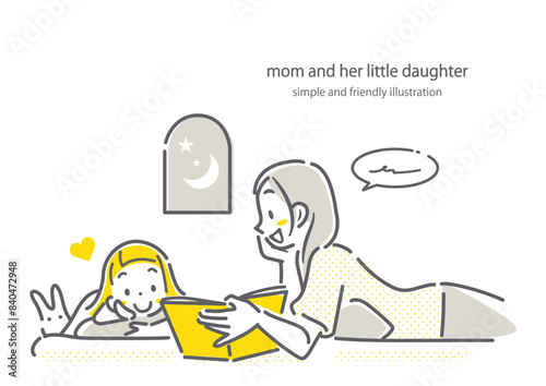寝る前に一緒に絵本を楽しむ若いお母さんと小さな女の子　シンプルでお洒落な線画イラスト