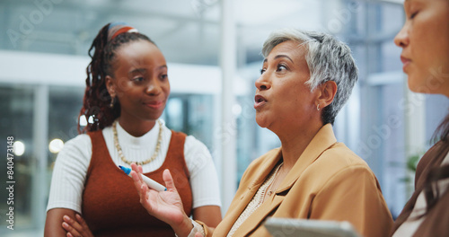 Business women, meeting and feedback for planning schedule with questions and help from manager. Corporate group, teamwork and collaboration for calendar with brainstorming and problem solving