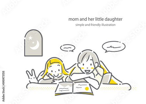 寝る前に一緒に絵本を楽しむ若いお母さんと小さな女の子　シンプルでお洒落な線画イラスト