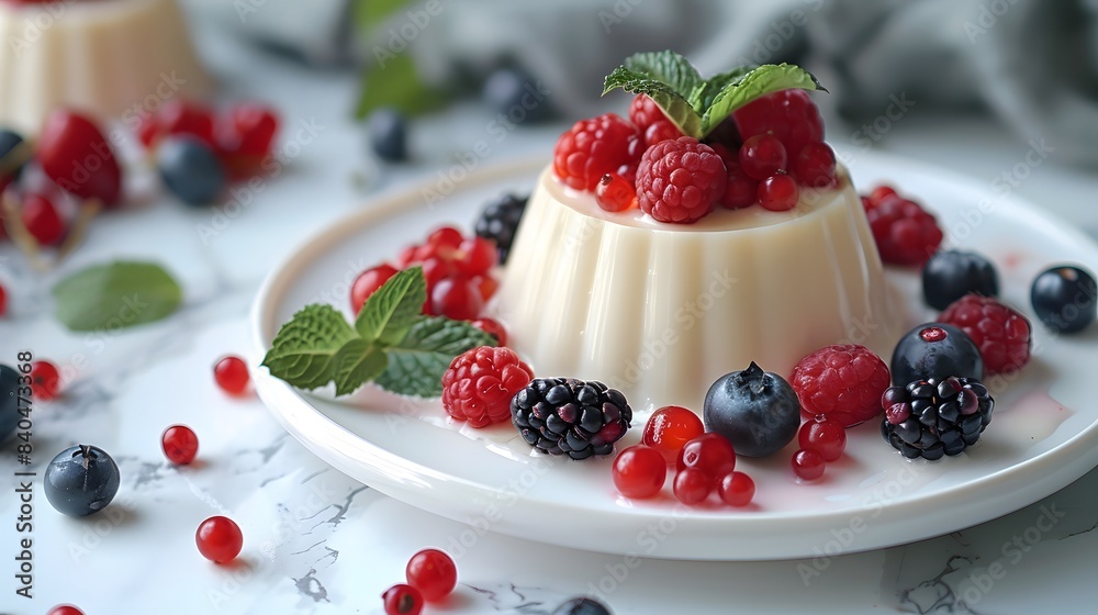 Panna Cotta on a white plate, on a marble table, surrounded by fresh berries and mint leaves, soft lighting accentuating the creamy texture of panna cotta. Panna Cotta on a white plate, on a marble table, surrounded by fresh berries and mint leaves, soft lighting accentuating the creamy texture of panna cotta.