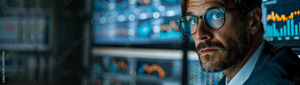Stock Analyst in Modern Office Using Big Data for Valuation Analysis, Highlighting Innovation and Advanced Methods Photo Realistic Stock Concept Stock Analyst in Modern Office Using Big Data for Valuation Analysis, Highlighting Innovation and Advanced Methods Photo Realistic Stock Concept