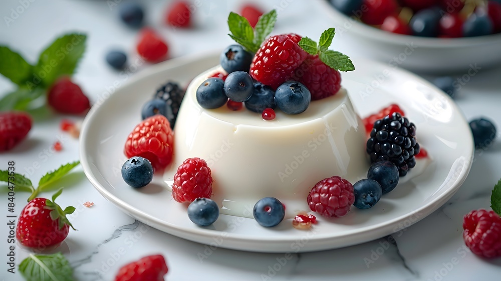 Panna Cotta on a white plate, on a marble table, surrounded by fresh berries and mint leaves, soft lighting accentuating the creamy texture of panna cotta. Panna Cotta on a white plate, on a marble table, surrounded by fresh berries and mint leaves, soft lighting accentuating the creamy texture of panna cotta.