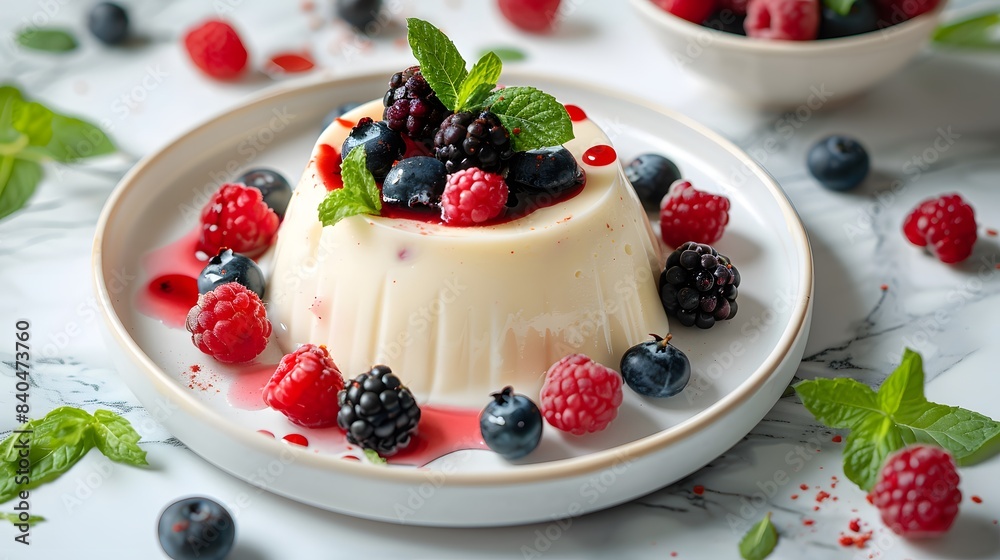 Panna Cotta on a white plate, on a marble table, surrounded by fresh berries and mint leaves, soft lighting accentuating the creamy texture of panna cotta. Panna Cotta on a white plate, on a marble table, surrounded by fresh berries and mint leaves, soft lighting accentuating the creamy texture of panna cotta.