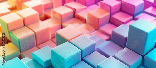 Abstract background with colorful geometric shapes and squares in a white, blue, pink, orange and purple color gradient. 