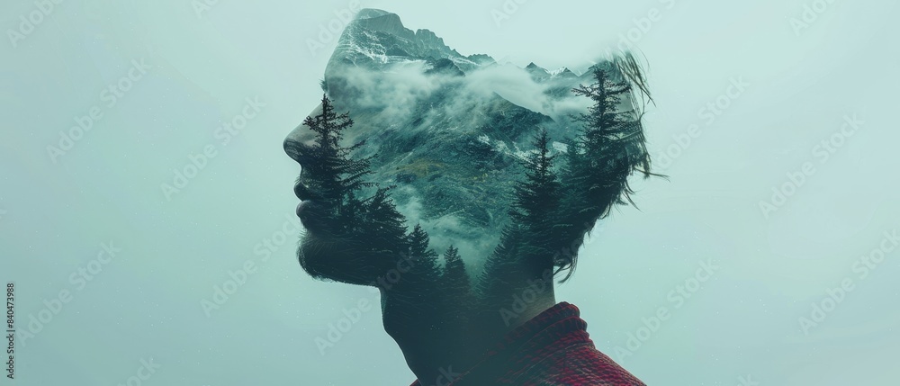 Minimalist surreal portrait of a person with a landscape as their face, minimal style Minimalist surreal portrait of a person with a landscape as their face, minimal style
