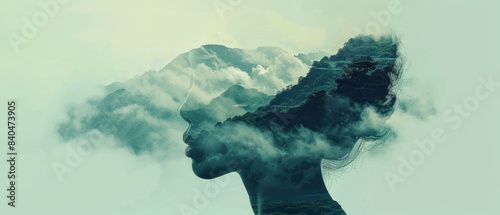 Minimalist surreal portrait of a person with a landscape as their face, minimal style