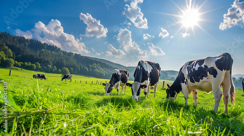 The painting shows several cows peacefully grazing in a lush green pasture on a sunny day  creating a picturesque view of the countryside.