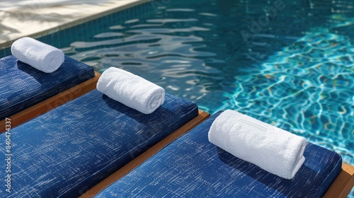 Close up of a navy blue outdoor daybed with a grey cushion near a pool, a summer lifestyle scene