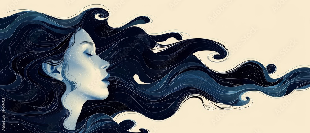 Surreal illustration of a woman with a river flowing from her hair, minimal style Surreal illustration of a woman with a river flowing from her hair, minimal style