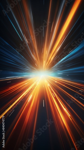 A bright orange and blue light is shooting out from the center of the image. The light is surrounded by a dark background  creating a sense of depth and contrast. The image is dynamic and energetic