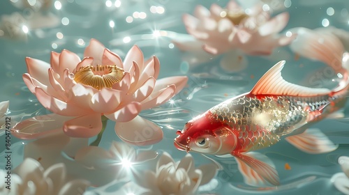 Pink gold lotus water surface and goldfish koi poster background