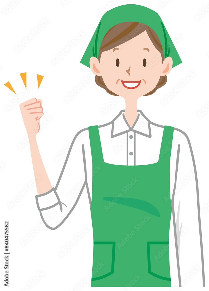 スーパーで働く中年女性　働く主婦　店員　スタッフ　家事代行　ガッツポーズ