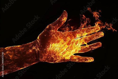 The shape of a hand made of flames, side angle, open flame palm, sense of impact photo