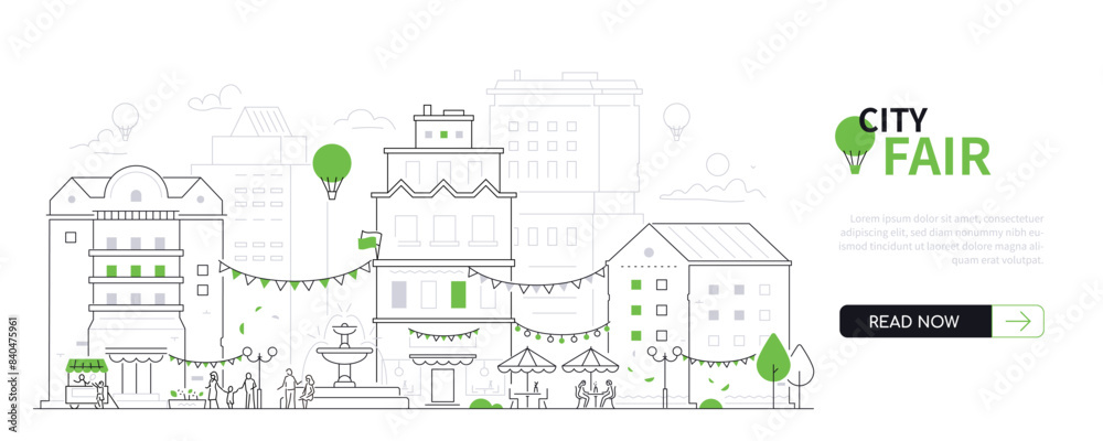 Obraz premium City fair - modern thin line design style vector banner on white urban background. Composition with street filled with people, cafe, fountain, flag ribbons. Cheerful evening, public event and joy