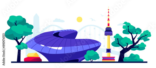 Futuristic Seoul buildings- modern colored vector illustration with Dongdaemun Design Plaza, capital of Korea TV Tower and Bridge in Daejeon in the background. Nature and park trees, city balance