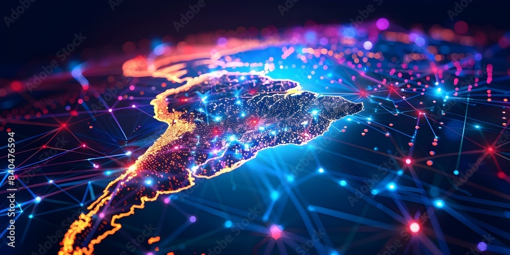 Digital map of Americas showing network connectivity and data transfer ...