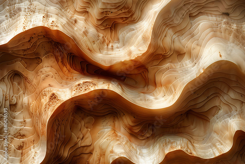swirling wood grain patterns resembling sandy, layered formations. The warm, earthy tones and smooth curves, organic texture, ideal for nature and abstract backgrounds photo