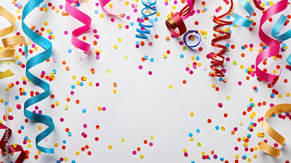 Fototapeta premium White background with colorful streamers and confetti for celebration or party decoration vector illustration, white background.