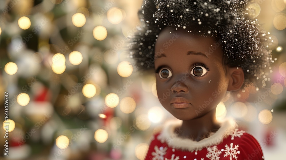 A close up of a black girl with red hair in front of christmas lights, AI A close up of a black girl with red hair in front of christmas lights, AI