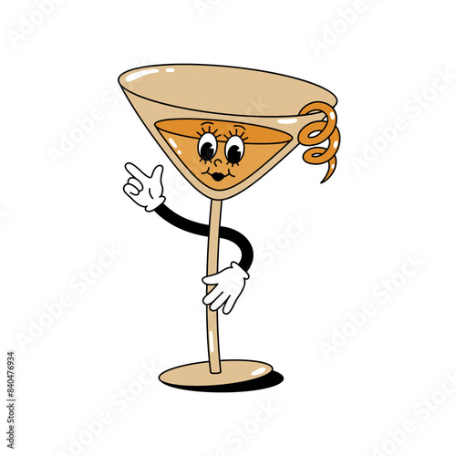 Vector color illustration of retro mascot character walking glass with cocktail and lemon zest. Isolated on white background