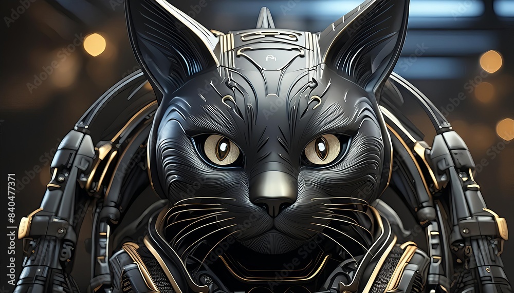A black cat with intricate cybernetic armor, set against a high-tech background. The detailed and futuristic design highlights the fusion of natural grace and advanced technology. A black cat with intricate cybernetic armor, set against a high-tech background. The detailed and futuristic design highlights the fusion of natural grace and advanced technology.