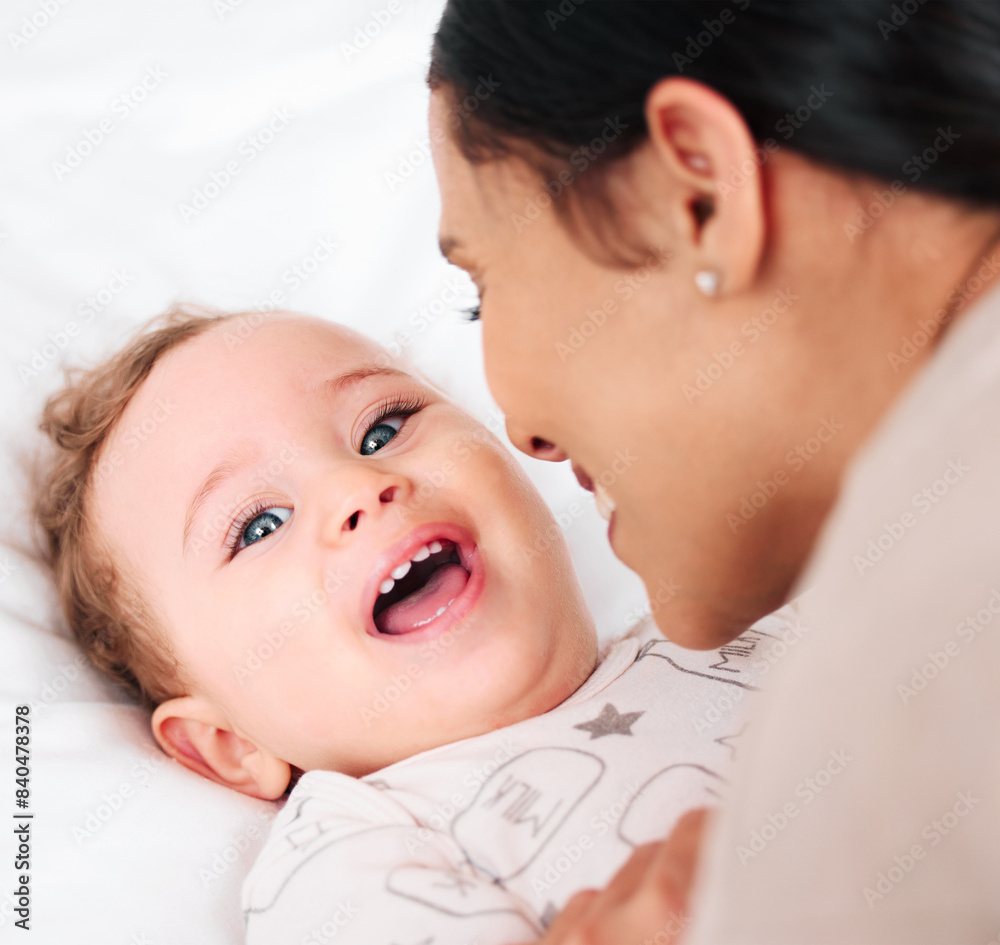 Laugh, portrait and happy baby with mother on a bed for fun, bonding and playing tickle games in their home together. Love, face and excited kid with mom in a bedroom for comfort, care or support Laugh, portrait and happy baby with mother on a bed for fun, bonding and playing tickle games in their home together. Love, face and excited kid with mom in a bedroom for comfort, care or support
