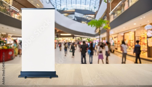 Blank digital advertisement board in the foreground of a busy shopping mall, ready for customizable content, surrounded by shoppers and stores in a lively environment.	