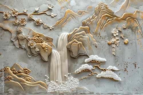 Volumetric stucco molding on a concrete wall with golden elements, Japanese landscape