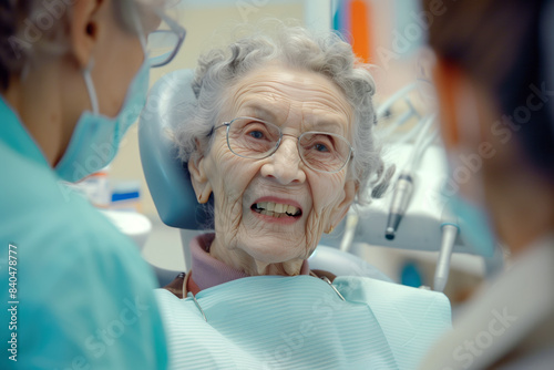 Senior woman smiling at the dentist during a dental checkup.