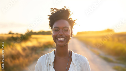 Uma mulher sorridente está em uma estrada aberta, iluminada por uma suave luz solar dourada com um céu claro atrás dela photo