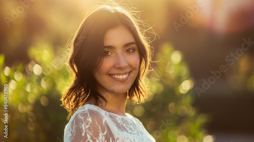 Uma mulher sorridente com cabelos escuros e uma blusa de renda fica do lado de fora em um dia ensolarado, com a luz do sol destacando seu cabelo photo