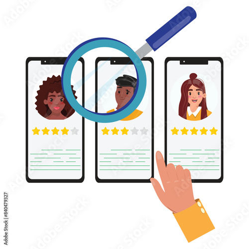 Row of phones showing portraits, star ratings, magnifying glass, and hand pointing. Online selection for recruitment or dating.