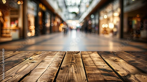 Wooden table with a blurred shopping mall background