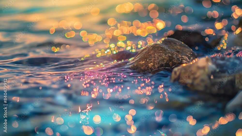 Close-up sea wave landscape with boulders and calm waves on the beach with underwater light reflection, blurred focus Close-up sea wave landscape with boulders and calm waves on the beach with underwater light reflection, blurred focus
