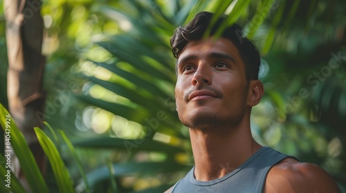 Contemplative Young Man in Lush Green Tropical Garden, Serene Portrait 