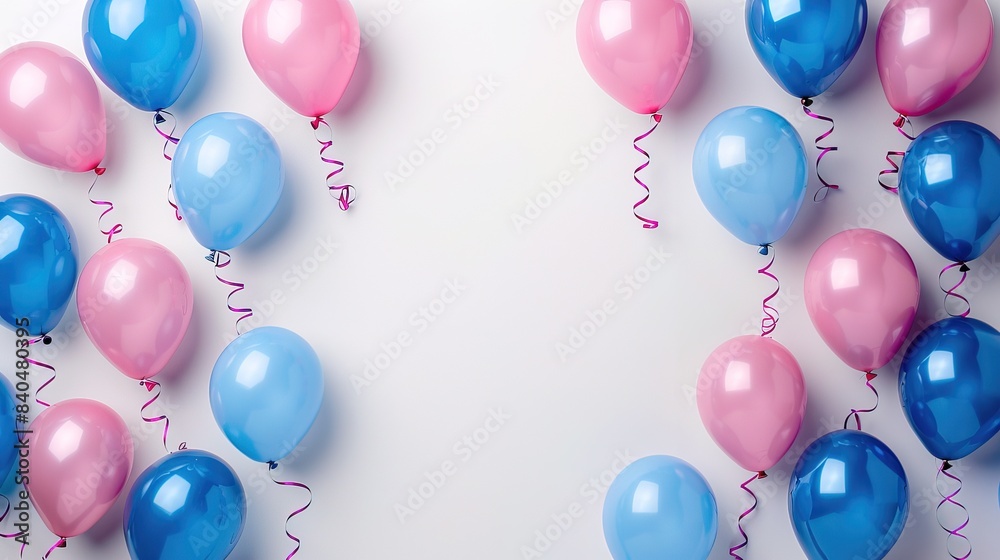 pink and blue balloons on white background, middle has open space pink and blue balloons on white background, middle has open space