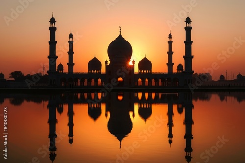mosque at sunset with its reflection of water © khalida