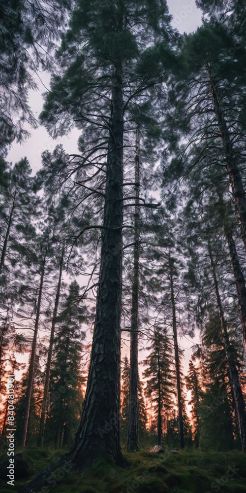 Fototapeta premium Finnish Nature Day. fabulous nature. green dense forest. green grass. forest vegetation. summer nature. sunset. sunrise