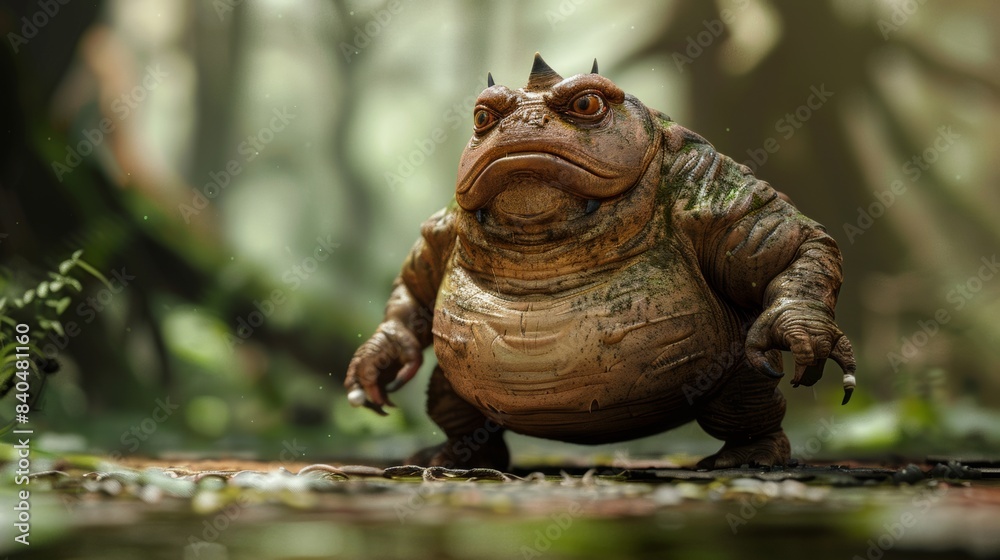 A large frog with horns and spikes standing in a forest, AI A large frog with horns and spikes standing in a forest, AI