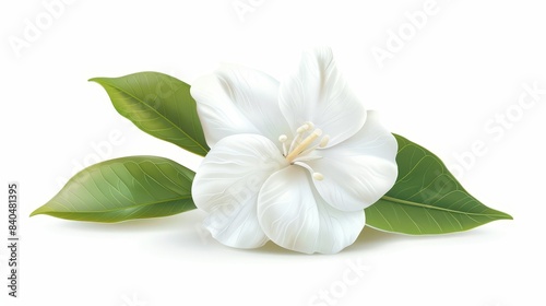 A delicate white flower with lush green leaves, isolated on a white background, perfect for nature and botanical themes.