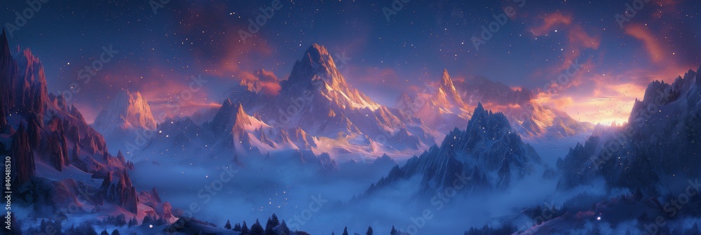 snowy mountain at dusk twilight time beautiful ethereal scenery with misty crisp drifting over 