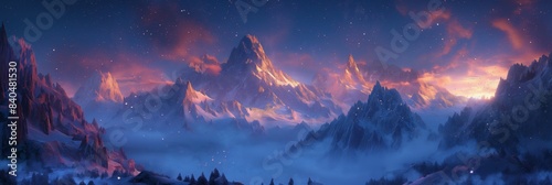 snowy mountain at dusk twilight time beautiful ethereal scenery with misty crisp drifting over  © QuietWord