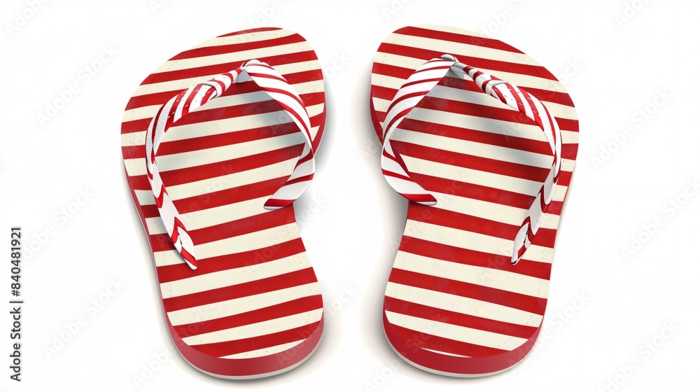 A pair of red and white striped sandals, depicted as realistic clipart on a white background. A pair of red and white striped sandals, depicted as realistic clipart on a white background.