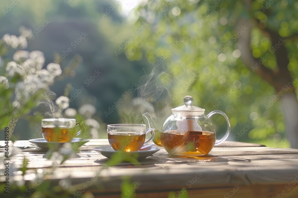Transparent tea pot and cups filled with tea on an outdoor table, natural light, concept of health and ceremony
