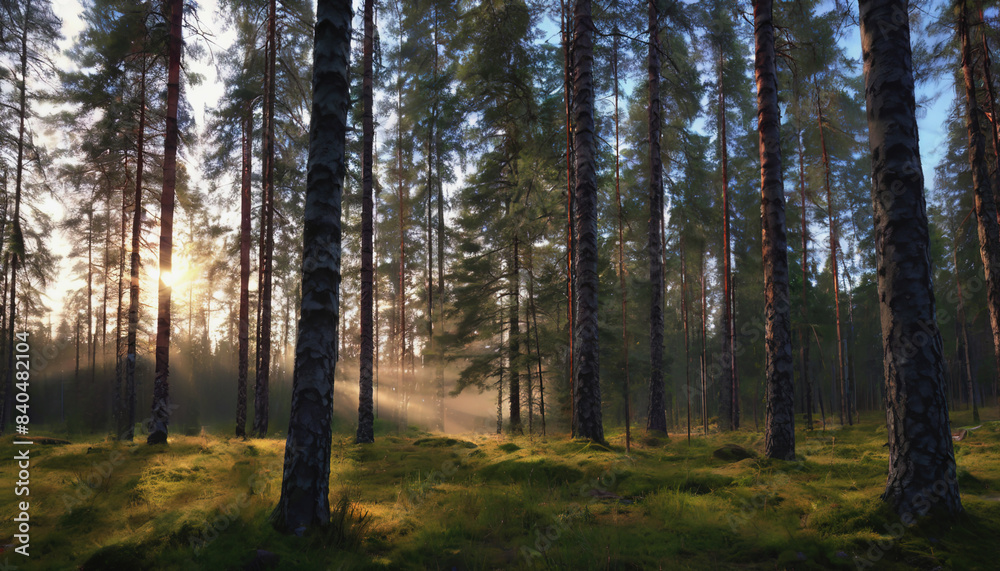 Fototapeta premium Finnish Nature Day. fabulous nature. green dense forest. green grass. forest vegetation. summer nature. sunset. sunrise
