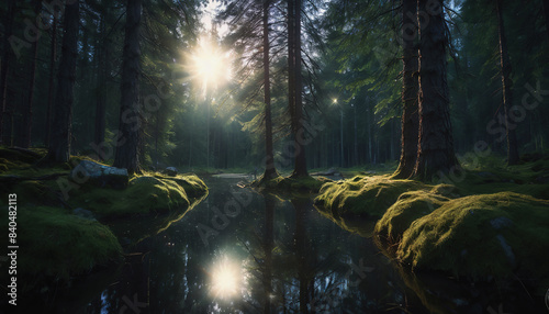 Finnish Nature Day. fabulous nature. green dense forest. green grass. forest vegetation. summer nature. sunset. sunrise. A stream in the forest